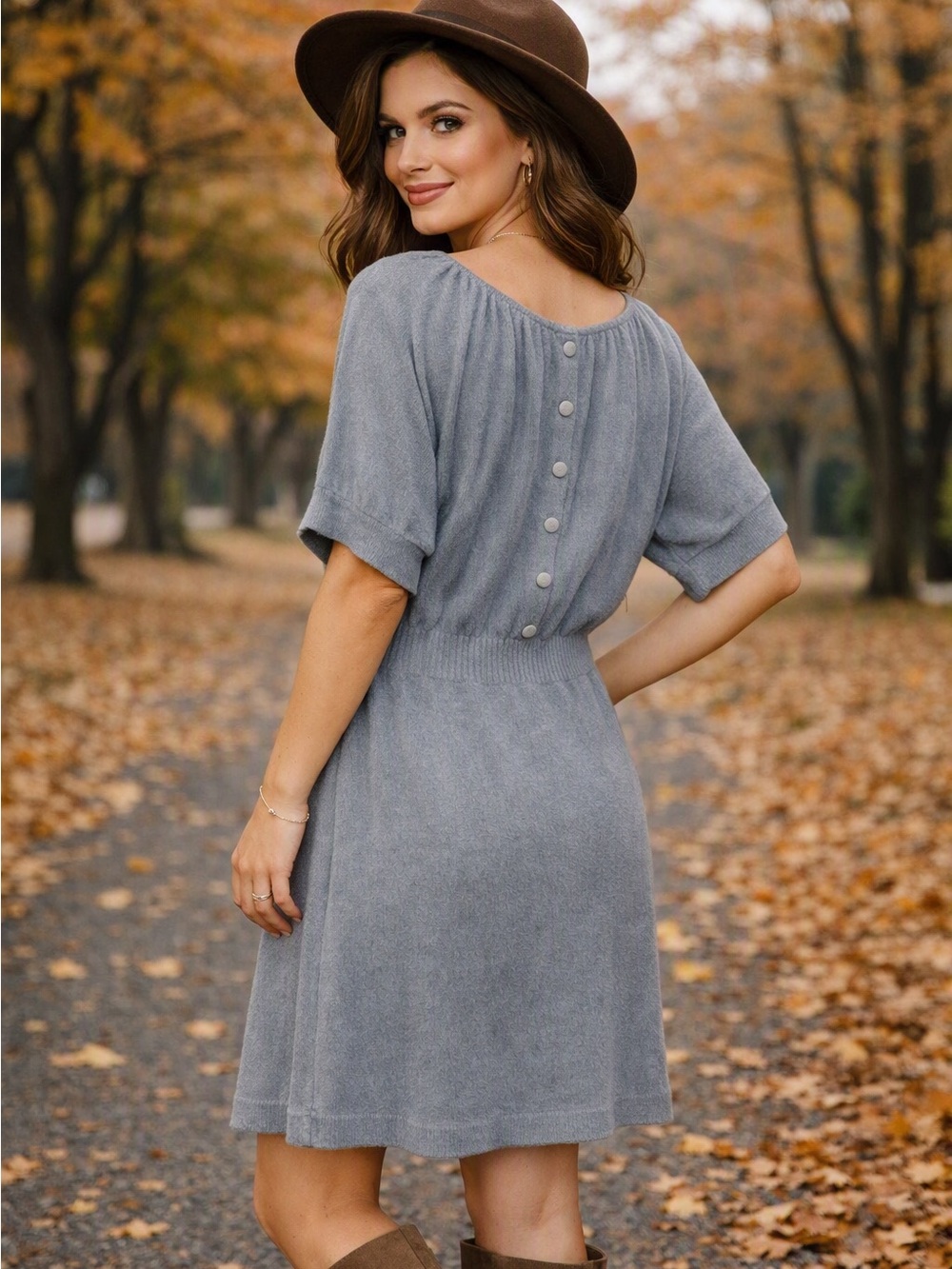 Allison Brittany Cashmere Dress SZ L Fall Chic Gray Button-Back Style Minimalist
